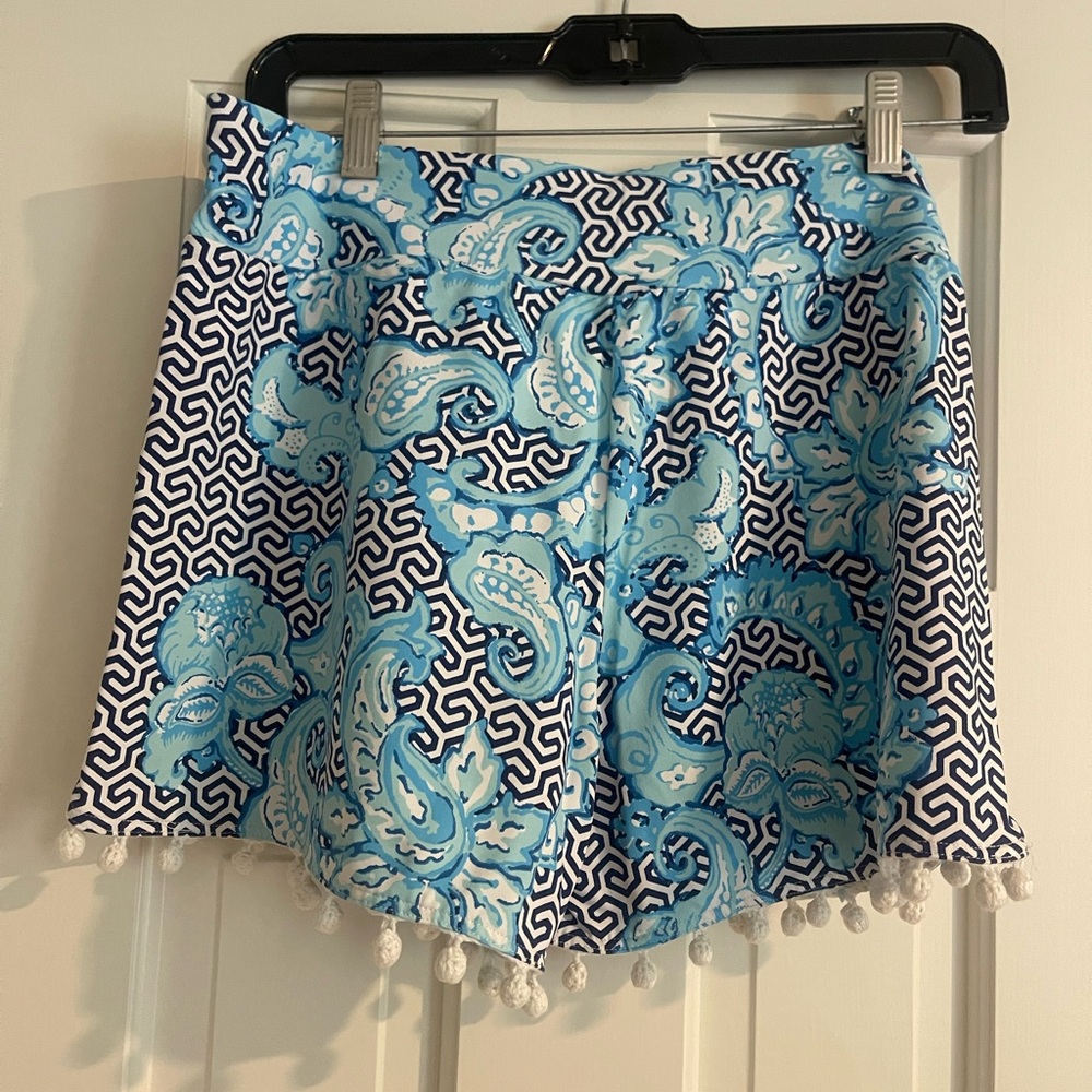 Blue and White Patterned Shorts with Pom Pom Trim